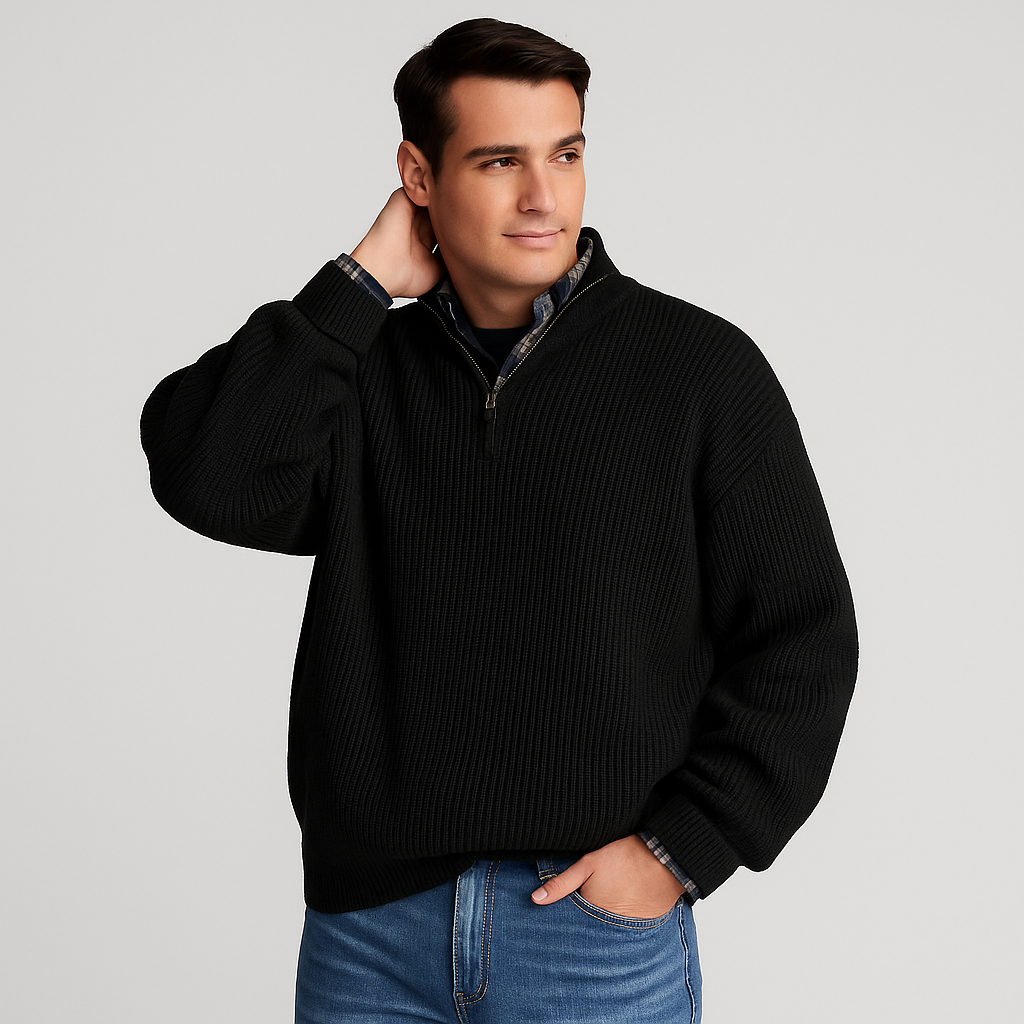 Men's half-zip ribbed sweater stand collar versatile layering piece clean silhouette everyday style