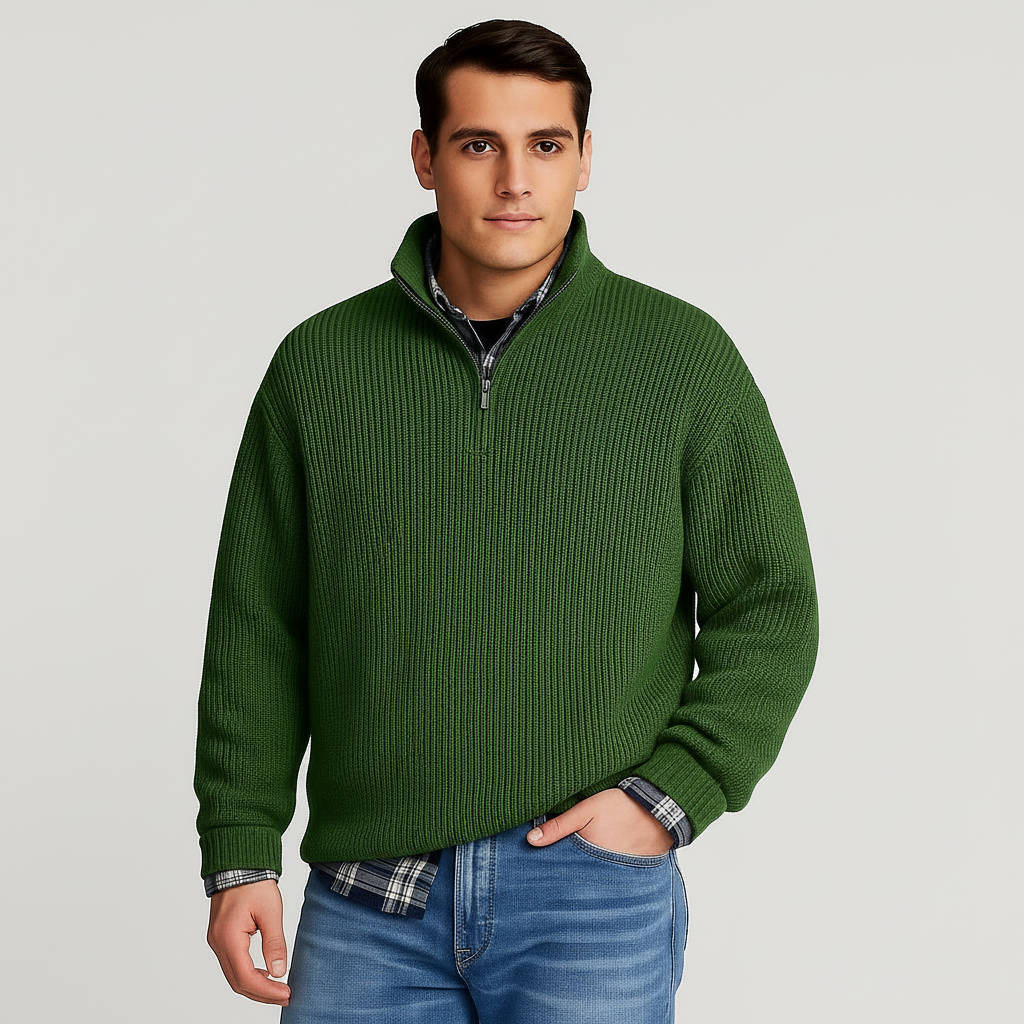Men's half-zip ribbed sweater with stand collar, versatile layering piece for modern everyday style