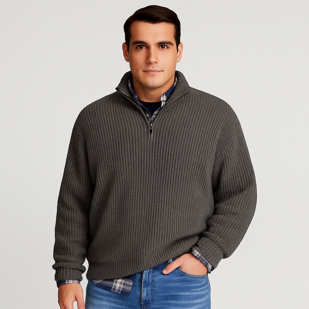 Men's half-zip ribbed sweater with stand collar, versatile everyday layering piece for a refined silhouette