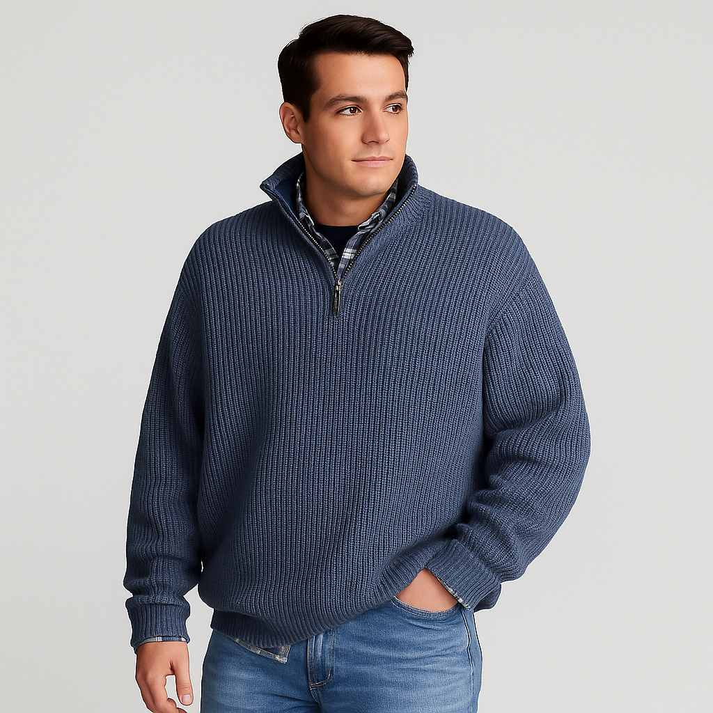 Men's half-zip ribbed sweater with stand collar, versatile layering piece for a refined silhouette