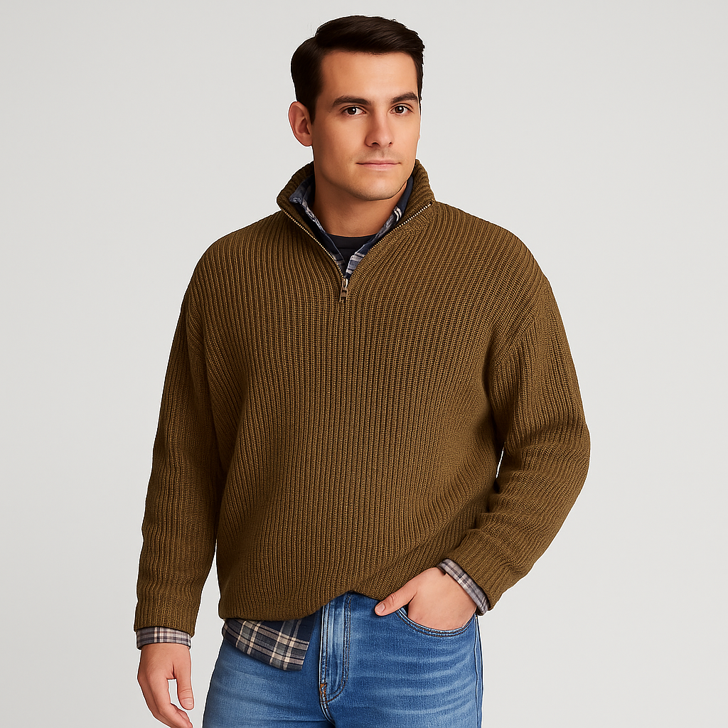 Men's half zip ribbed sweater stand collar everyday comfort stylish versatile layering piece