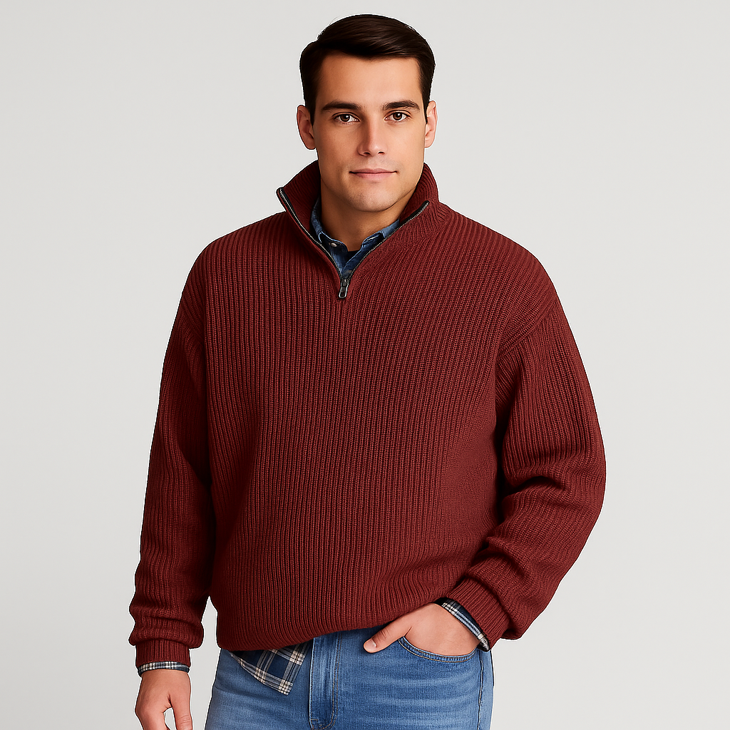 Men's half-zip ribbed sweater stand collar versatile layering piece clean modern silhouette