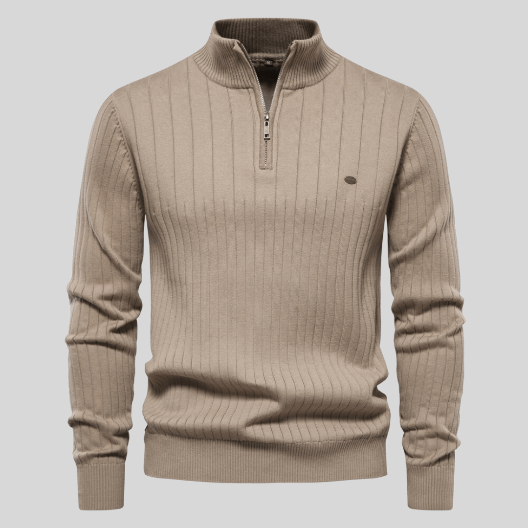 Men's charcoal ribbed mock neck half-zip sweater slim fit with vertical texture detail