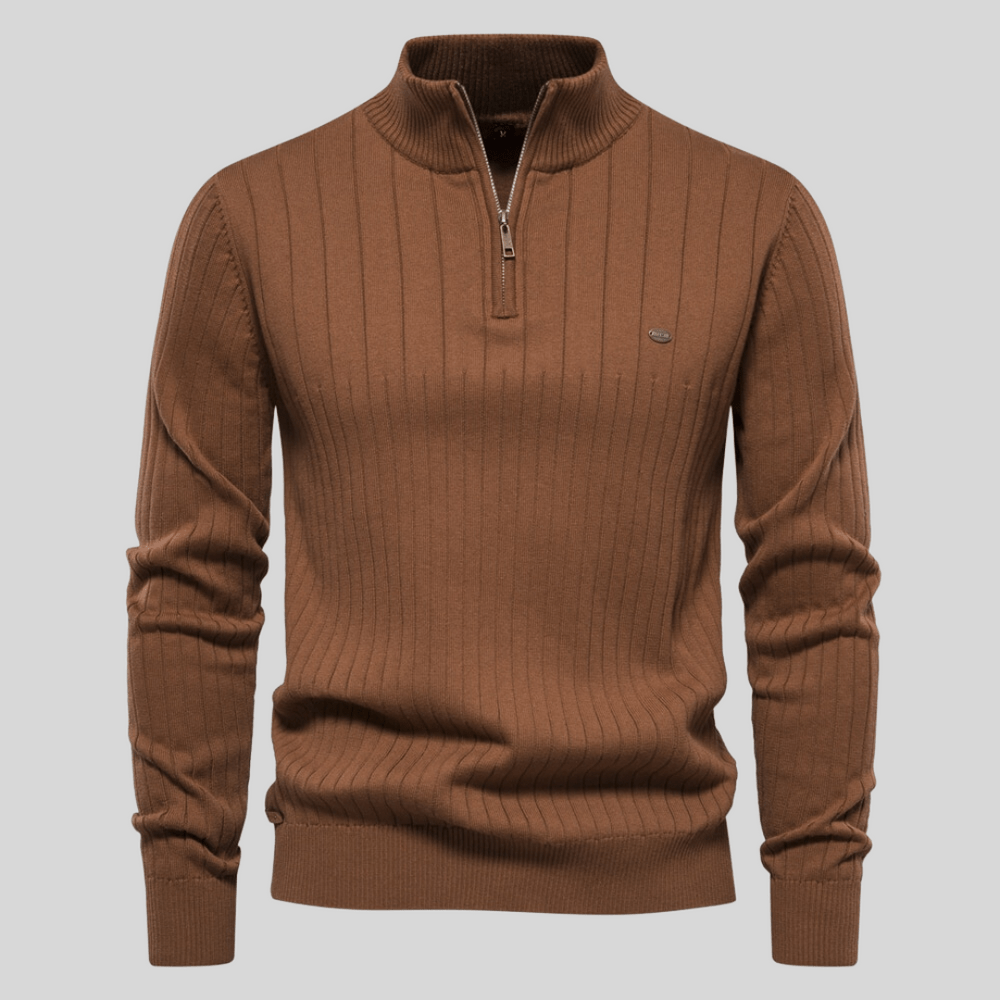 Men's charcoal ribbed mock neck half-zip sweater with vertical texture for sharp office layering