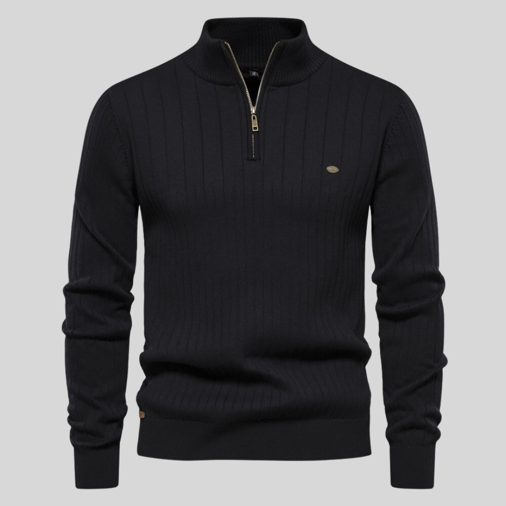 Men's burgundy ribbed mock neck half-zip sweater slim fit sharp office layering style
