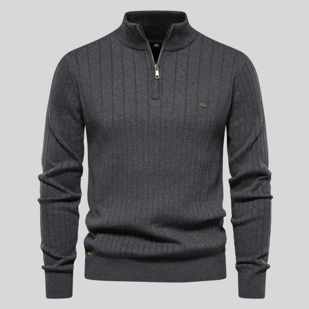 Men's burgundy ribbed mock neck half-zip sweater slim fit versatile office layering piece