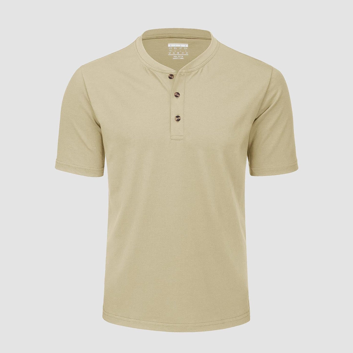 Men's cotton Henley shirt casual summer tee with three-button rib neckline in versatile solid colors