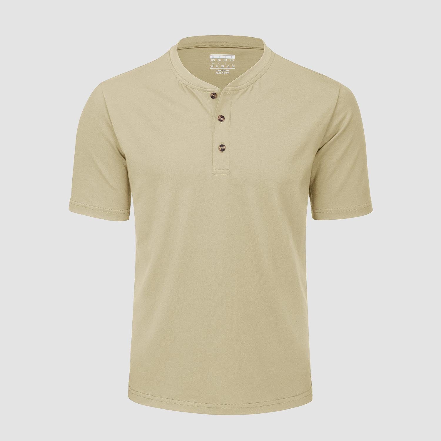 Men's cotton Henley shirt casual summer tee with three-button rib neckline in versatile solid colors