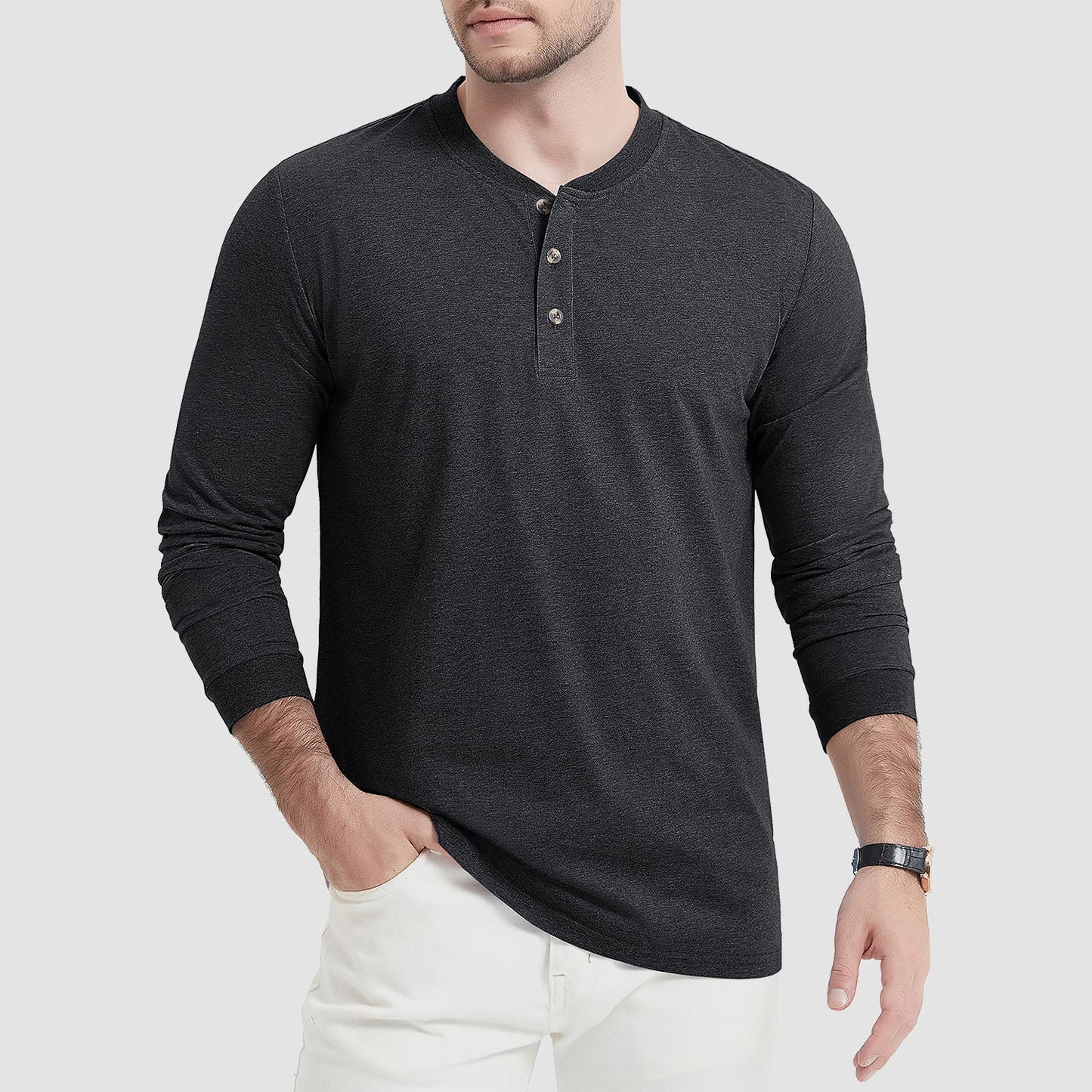 Men's cotton long sleeve Henley shirt casual fit three-button placket breathable everyday staple