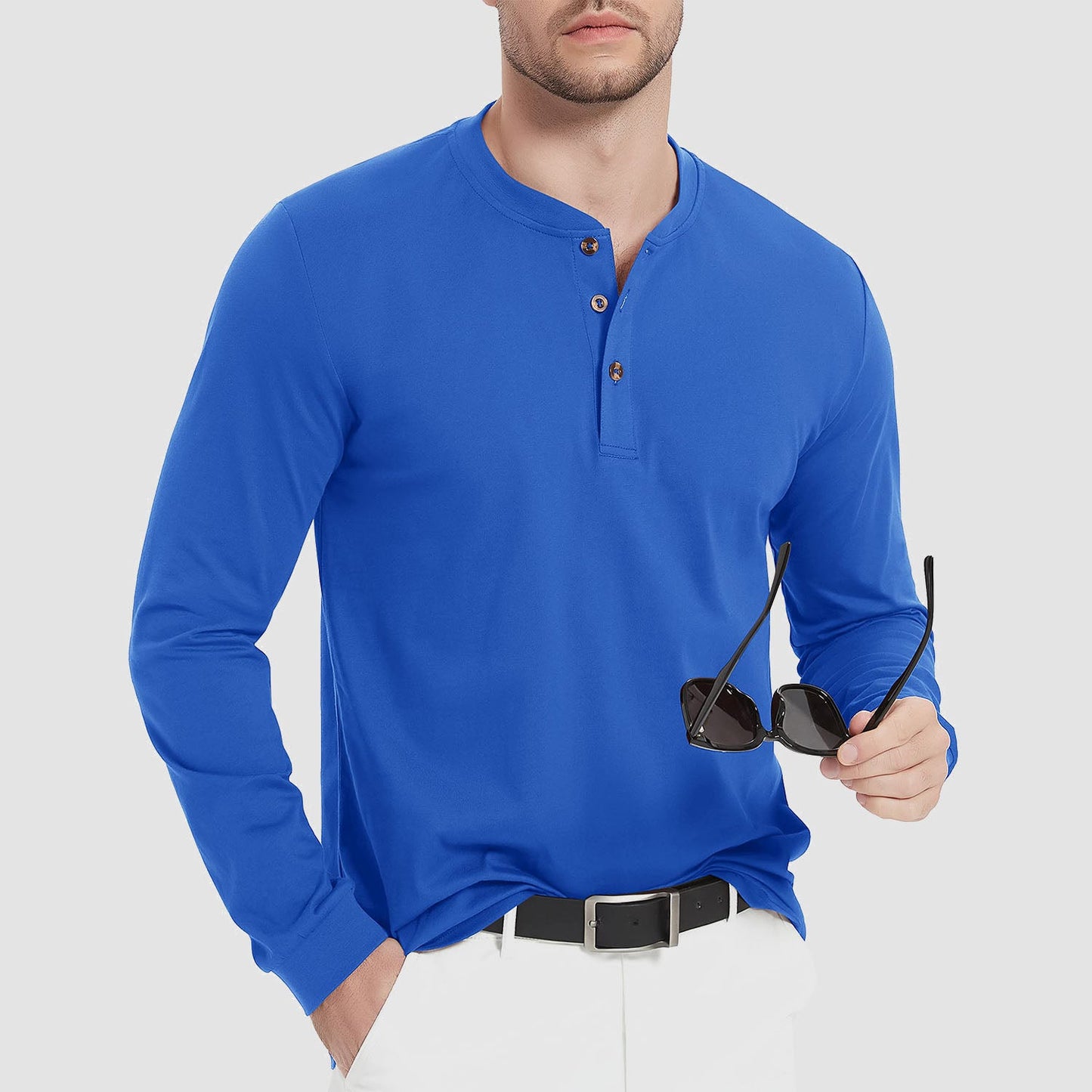 Men's white cotton long sleeve Henley shirt with three-button placket, casual relaxed fit