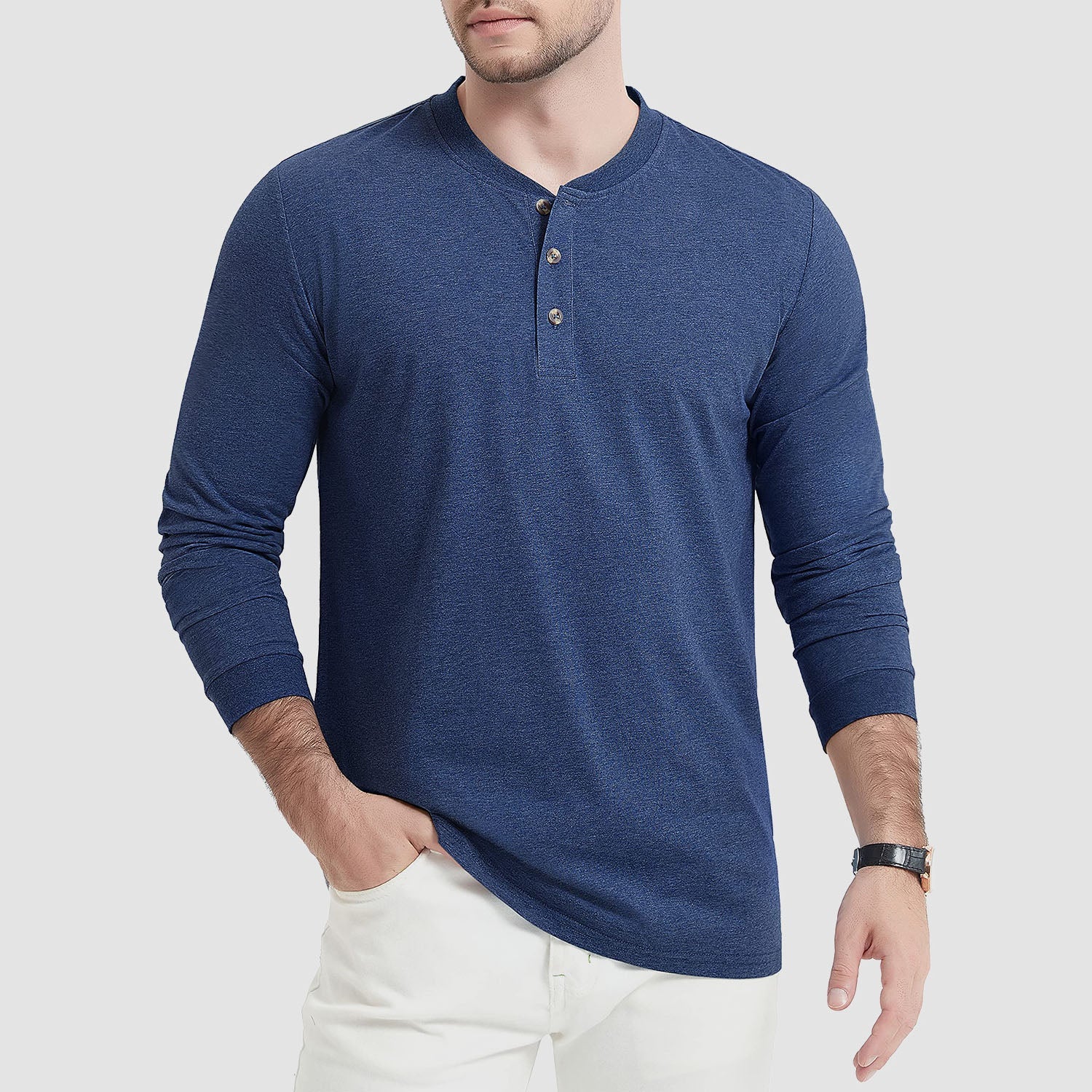 Men's casual cotton Henley shirt long sleeve three-button closure everyday comfort solid color