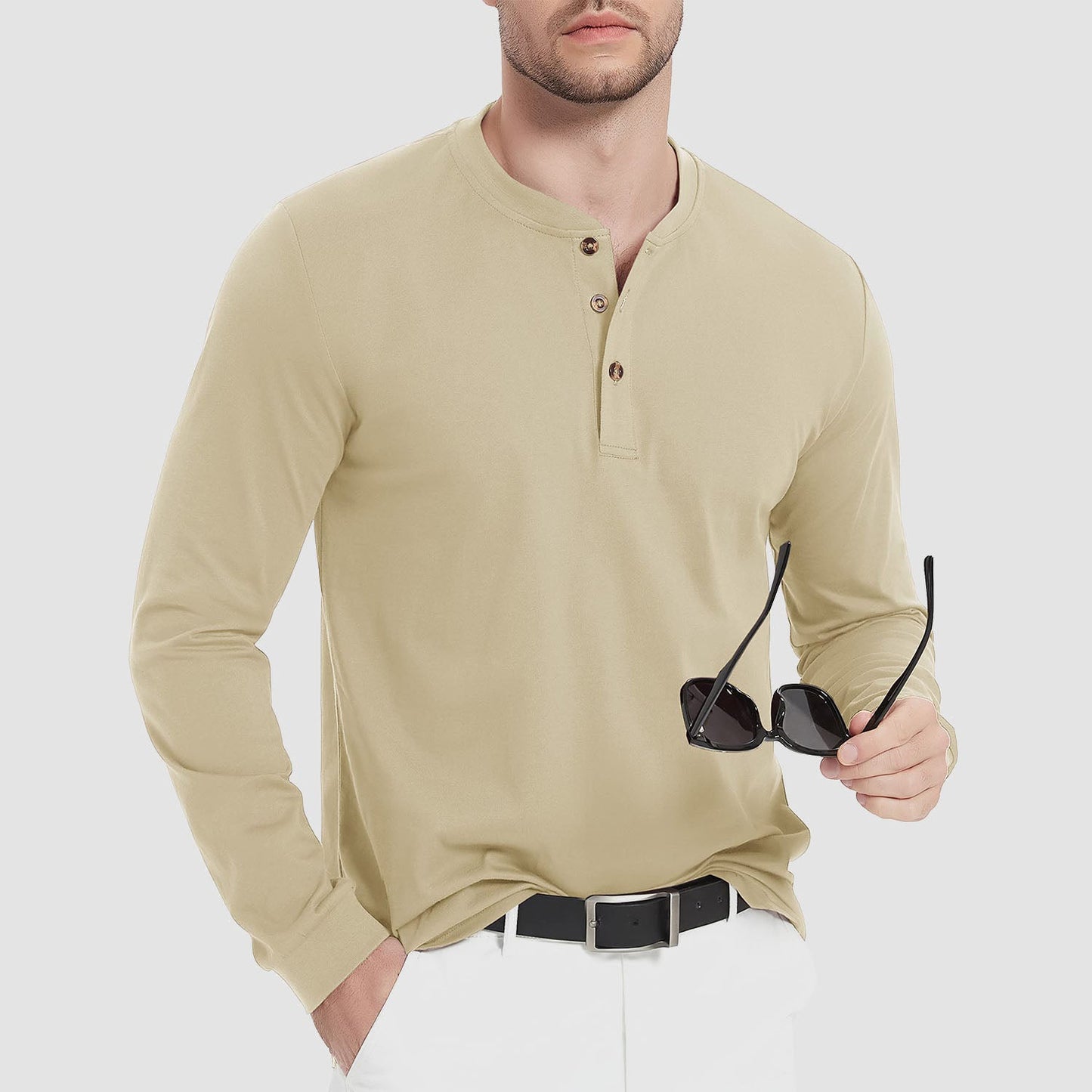 Men's gray heather cotton Henley shirt long sleeve three-button placket casual relaxed fit