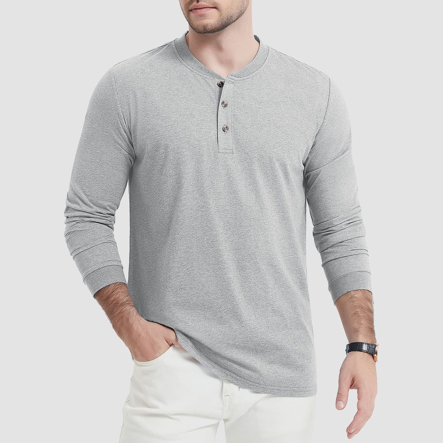 Men's cotton long sleeve Henley shirt in solid color with three-button placket for casual everyday wear