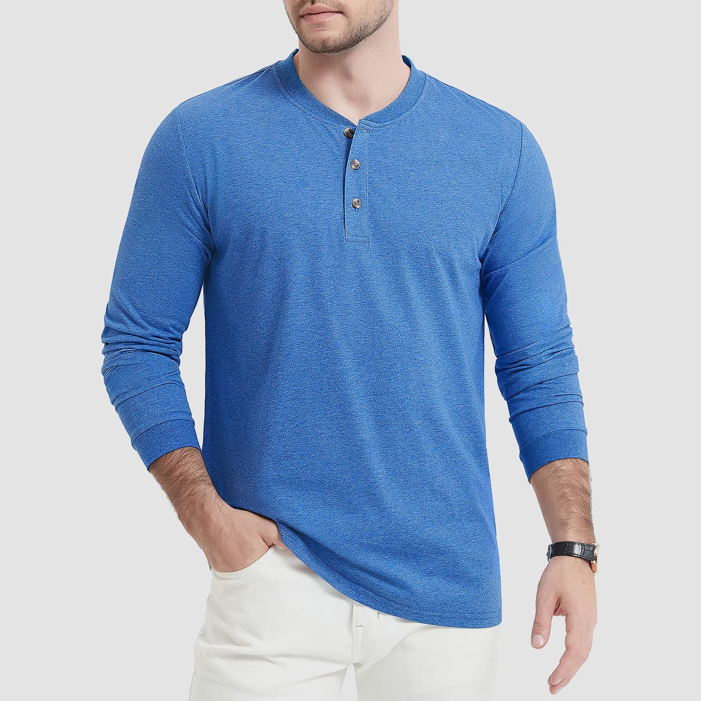 Men's casual cotton Henley shirt long sleeve three-button placket everyday relaxed fit