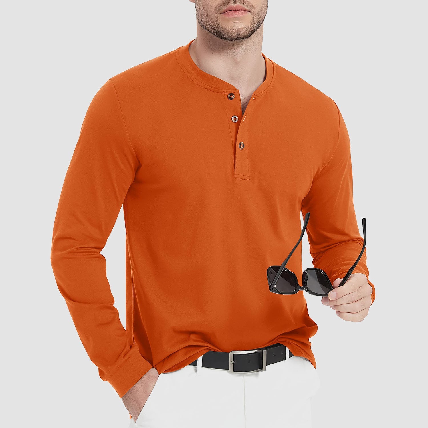 Men's cotton long sleeve Henley shirt casual fit three-button placket breathable everyday staple