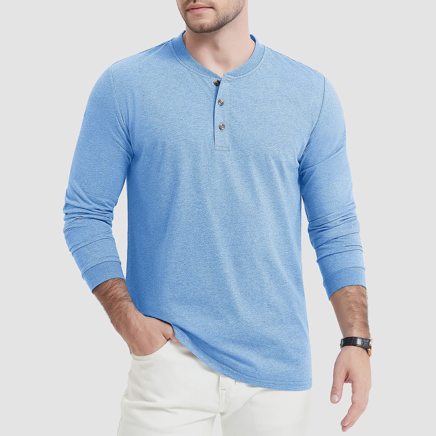 Men's cotton long sleeve Henley shirt in solid color with three-button placket for casual everyday comfort