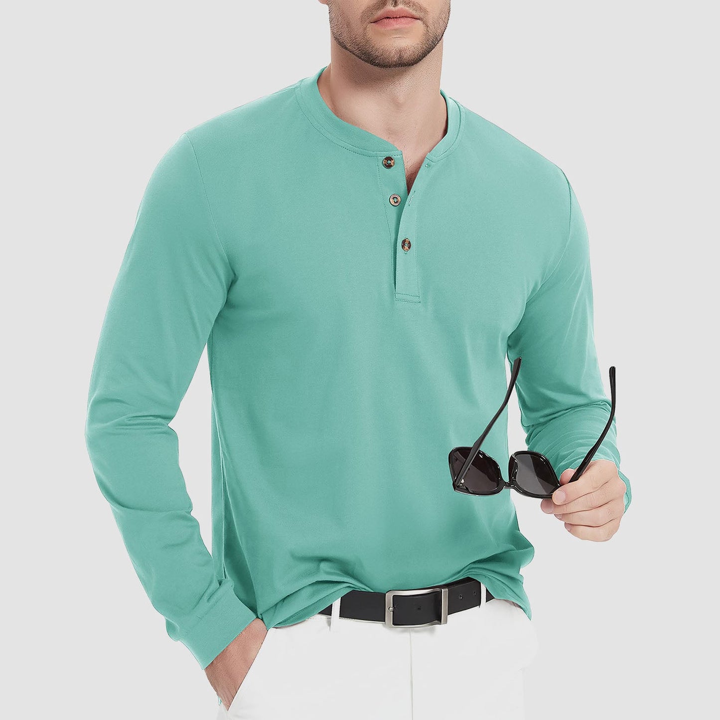 Men's navy cotton long sleeve Henley shirt with classic three-button placket for casual everyday wear