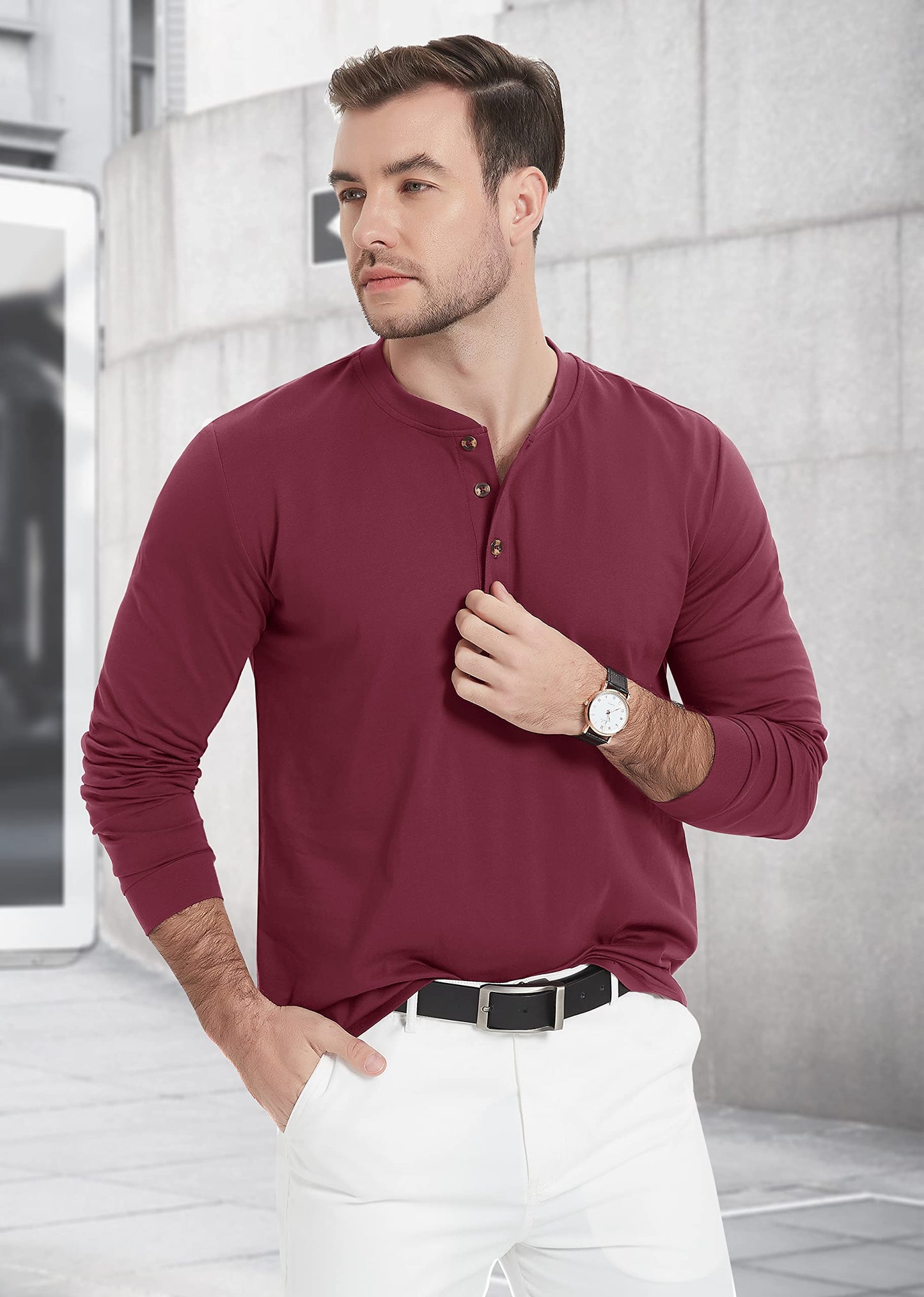 Men's cotton long sleeve Henley shirt casual fit three-button placket breathable everyday wear