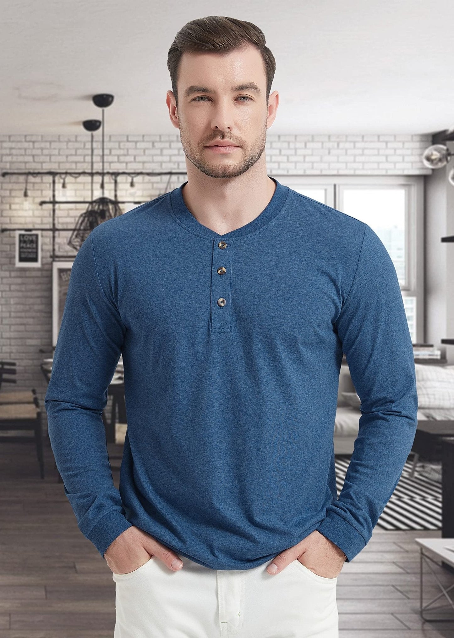 Men's white cotton long sleeve Henley shirt with three-button placket, relaxed casual fit