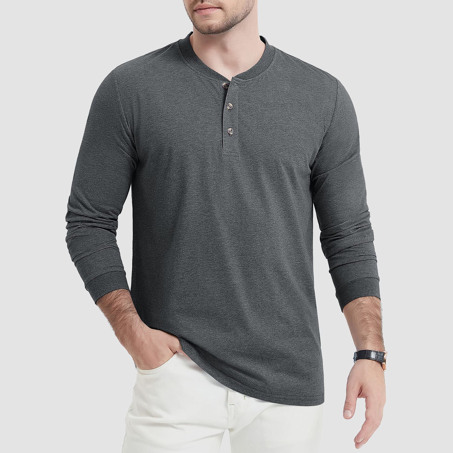 Men's cotton long sleeve Henley shirt in casual fit with three-button placket for everyday comfort