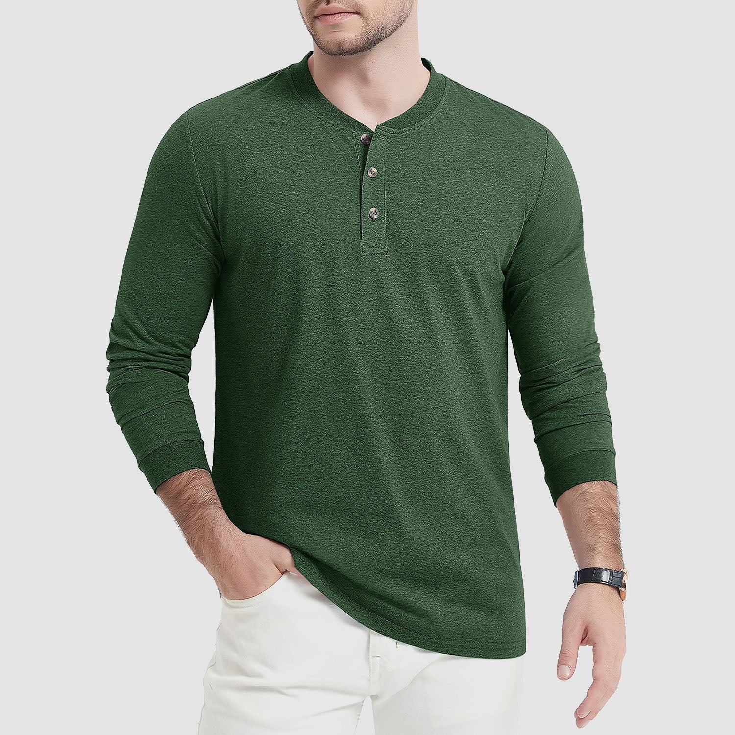 Men's cotton long sleeve Henley shirt in solid colors with three-button placket for casual everyday wear