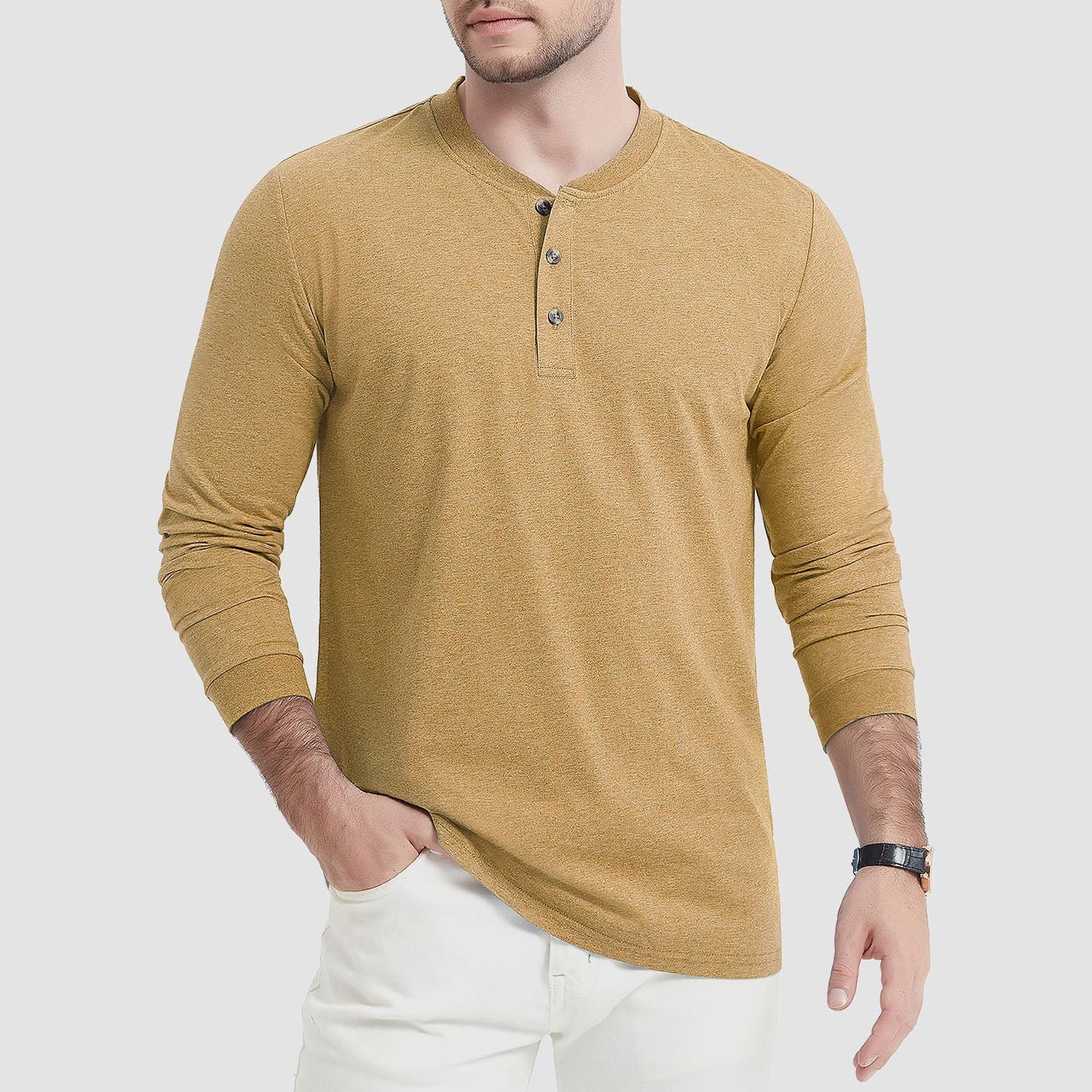 Men's casual cotton long sleeve Henley shirt with three-button closure in classic solid colors