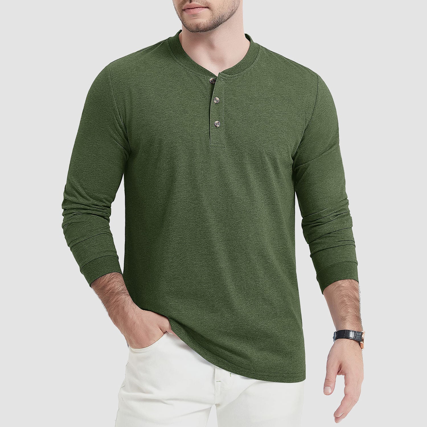 Men's cotton long sleeve Henley shirt in solid colors with three-button closure for casual everyday wear
