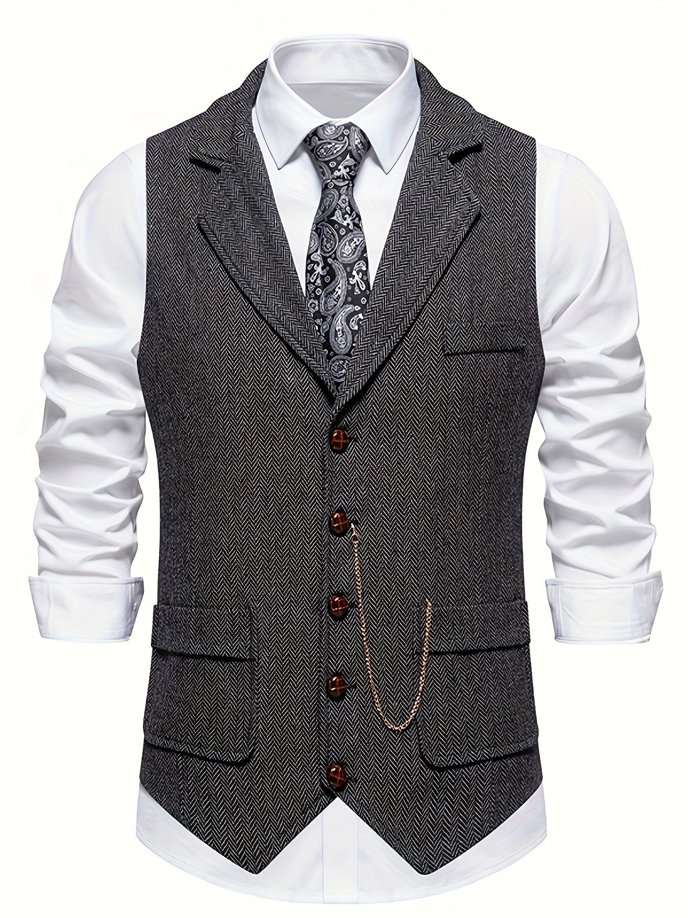 Men's herringbone tailored waistcoat with lapel front and flap pockets, wedding-ready formal style