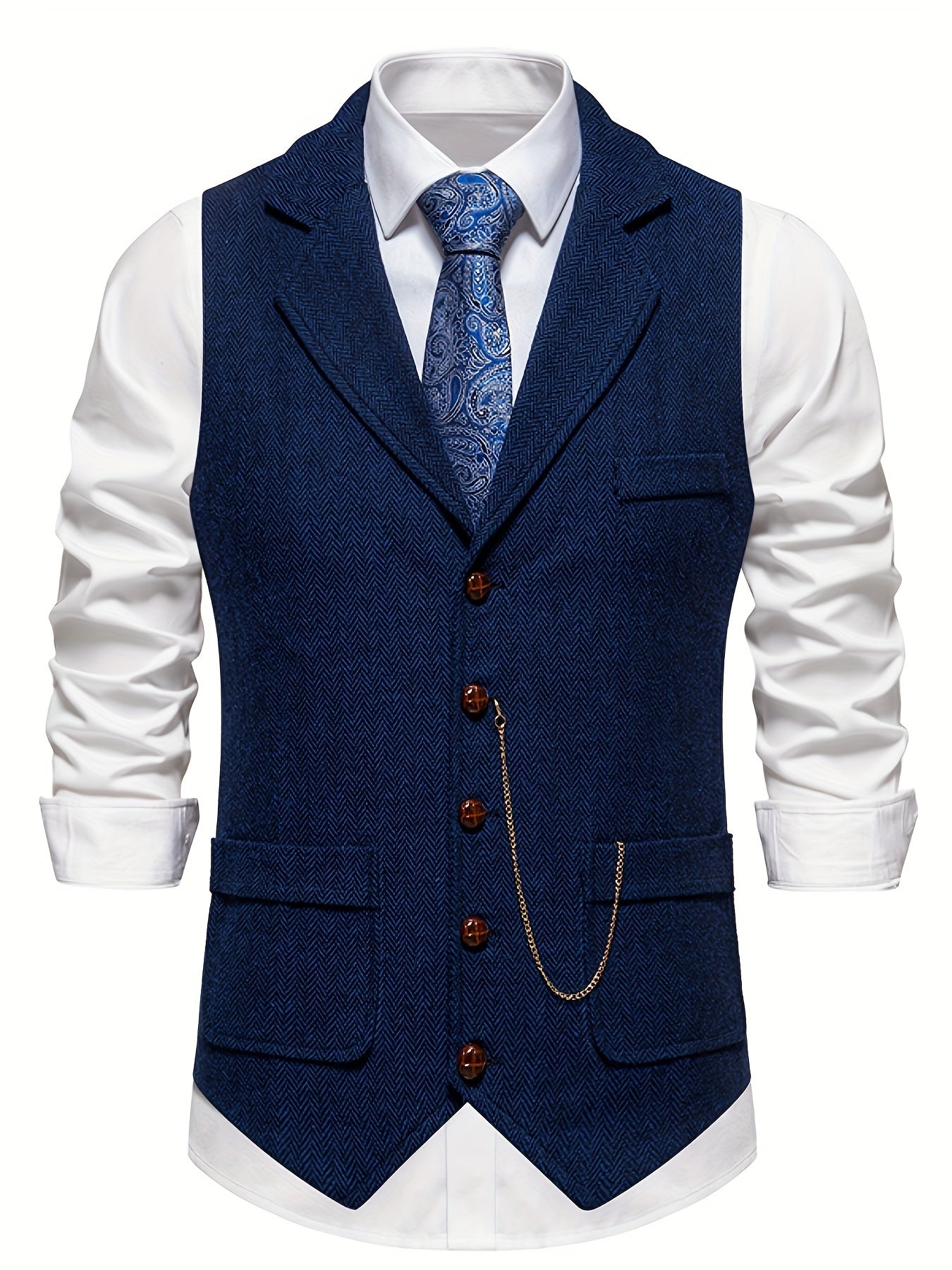 Men's herringbone waistcoat tailored lapel fit with flap pockets, classic heritage pattern, wedding-ready