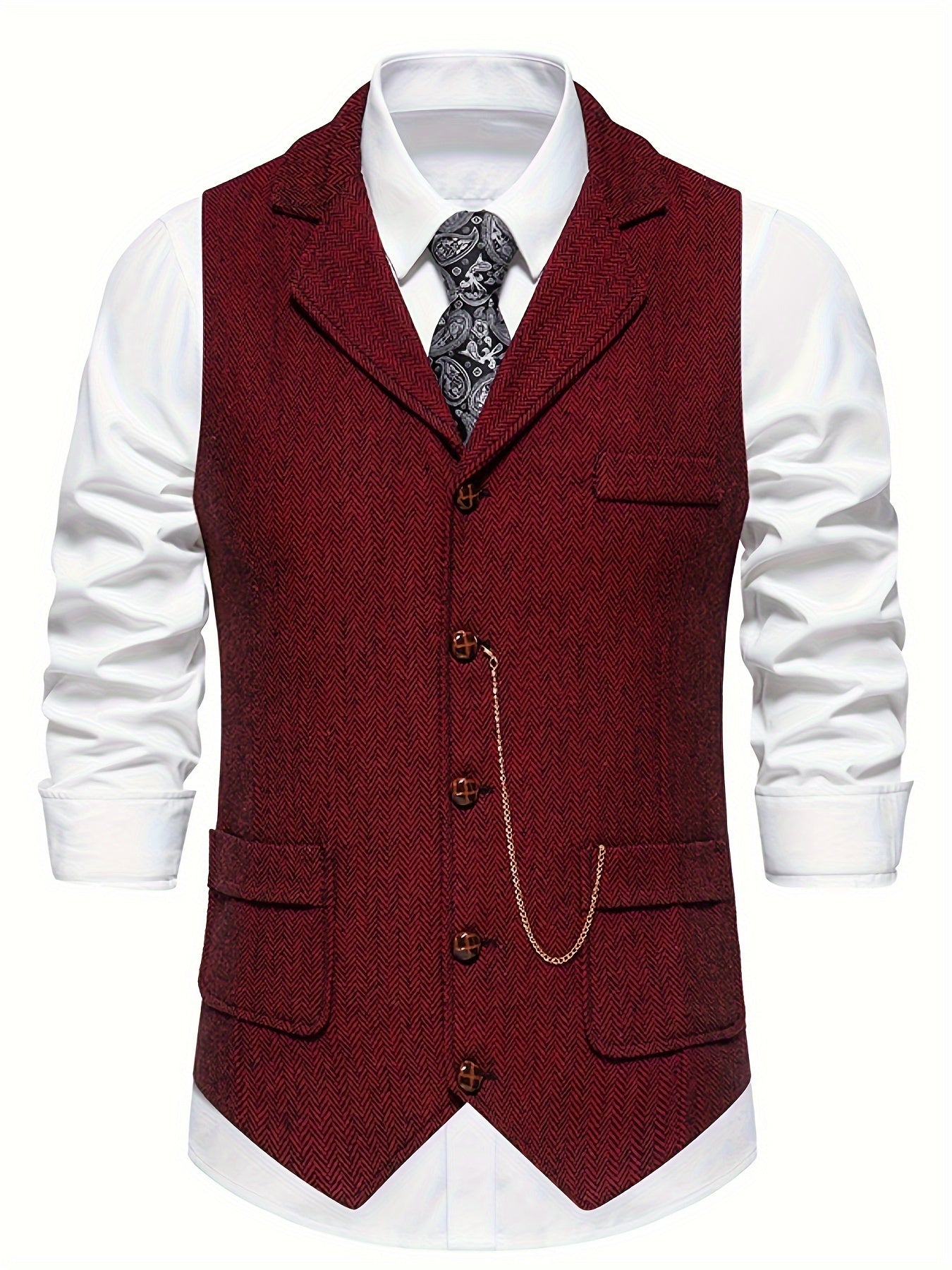 Men's grey herringbone tailored waistcoat with lapel collar and front flap pockets, wedding-ready