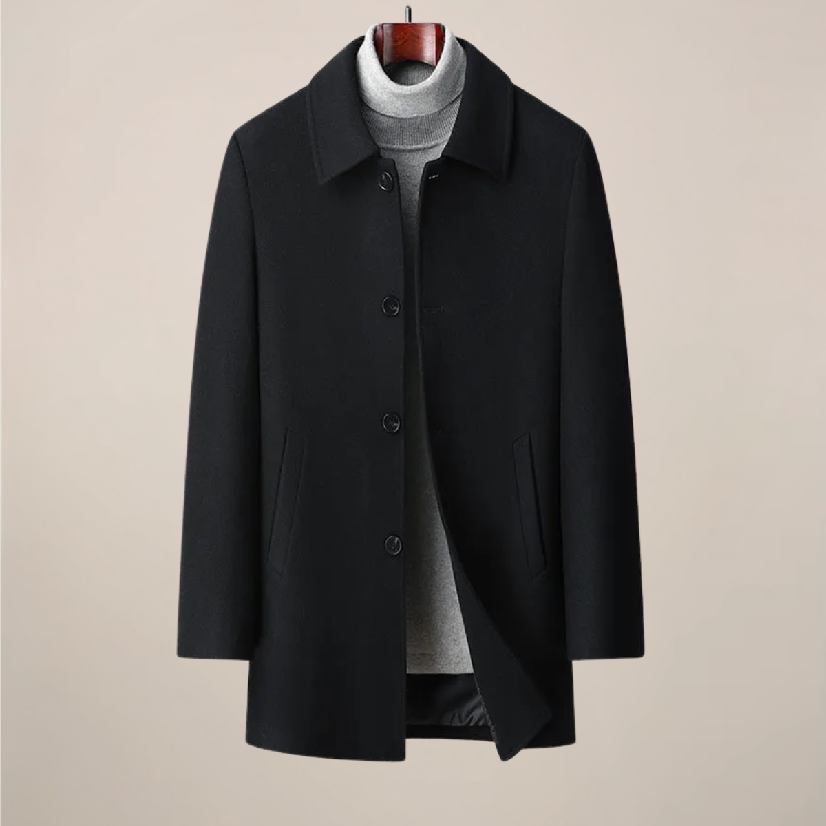 Men's gray herringbone car coat with point collar and button front, short tailored silhouette