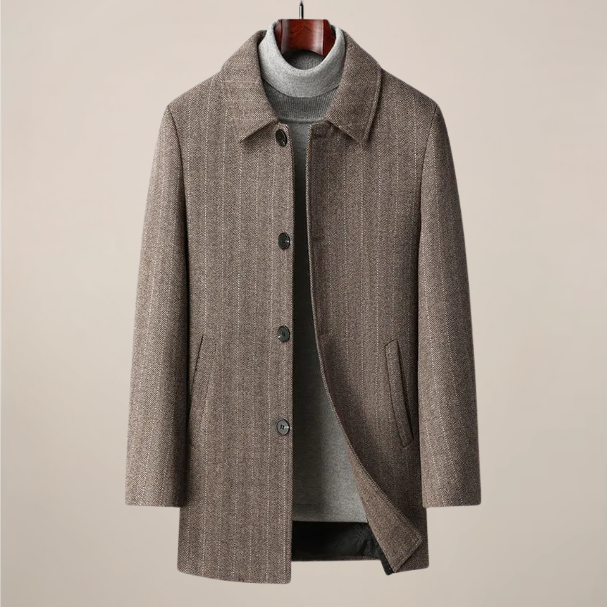 Men's gray herringbone car coat with point collar and button front, short tailored silhouette