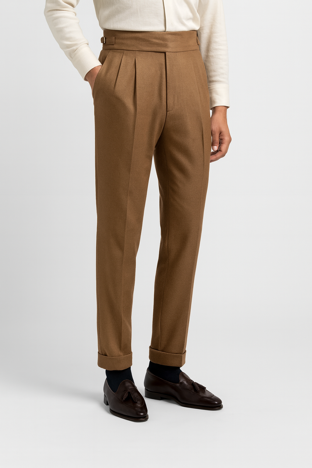 Men's high-waisted pleated trousers, formal tailored fit with side adjusters and turn-up cuffs