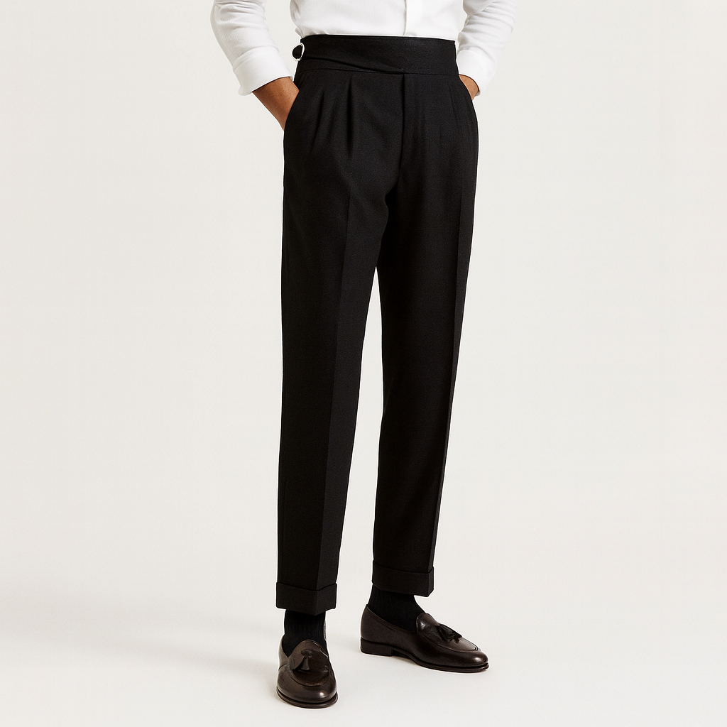 Men's high-waisted pleated trousers, formal tailored fit with side adjusters and turn-up cuffs