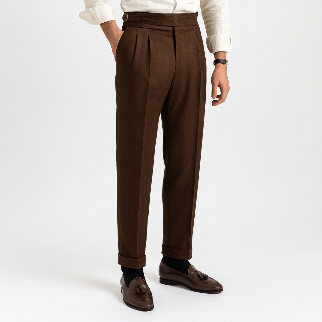 Men's high-waisted pleated trousers, formal tailored fit with side adjusters and turn-up cuffs