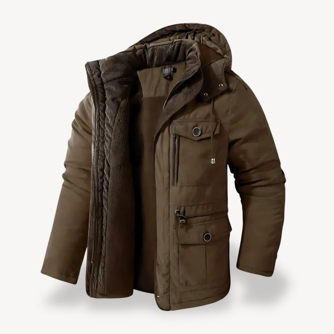 Men's hooded utility zip-through parka with warm lined interior, multiple pockets, snap-front storm flap
