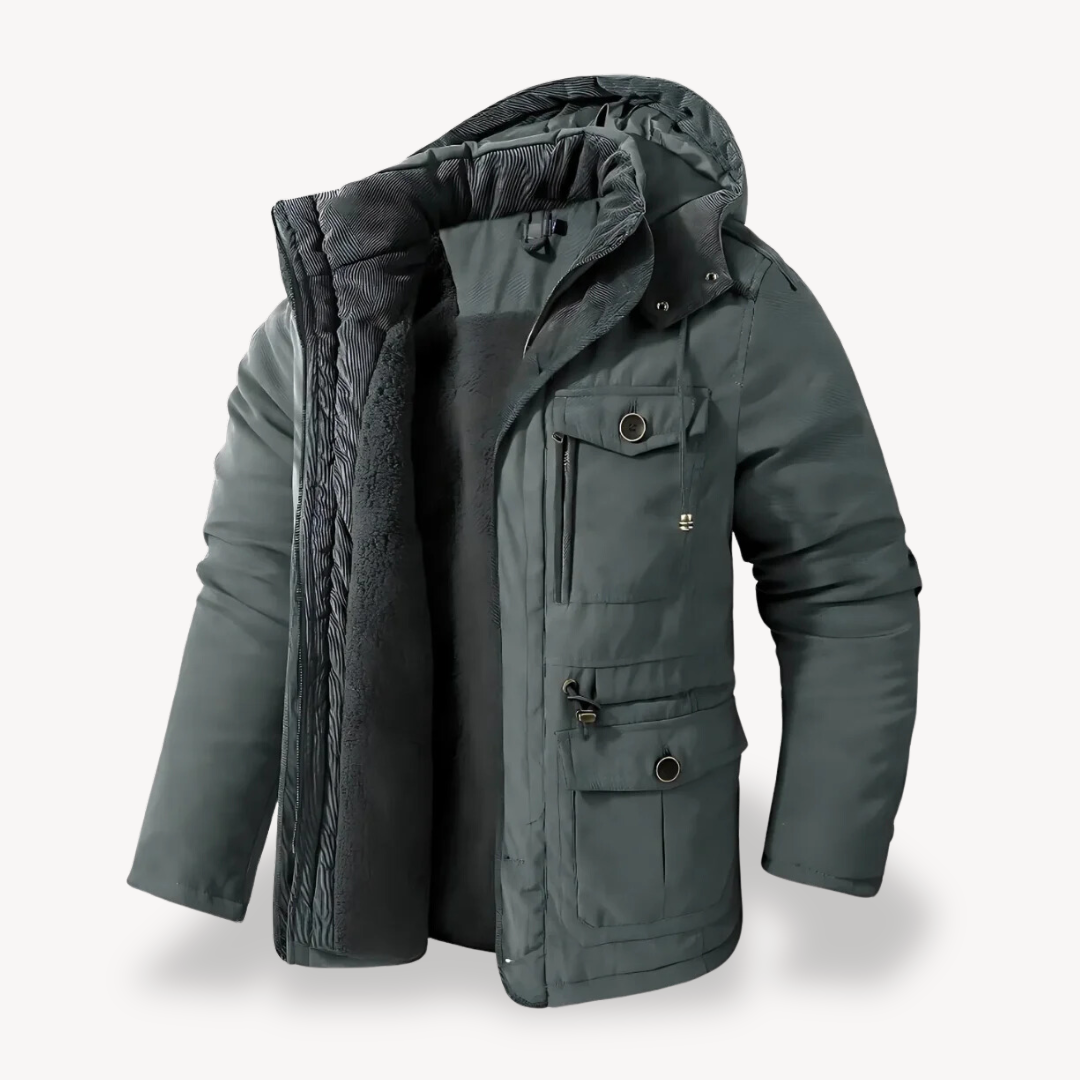 Men's hooded utility parka zip-through jacket with warm lined interior and multiple pockets