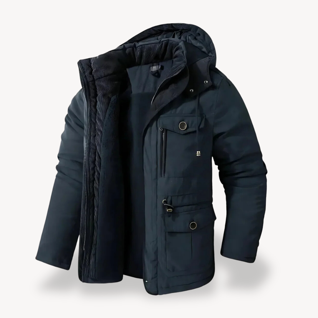 Men's hooded utility zip-through parka, warm lined interior, multiple pockets, snap-front storm flap