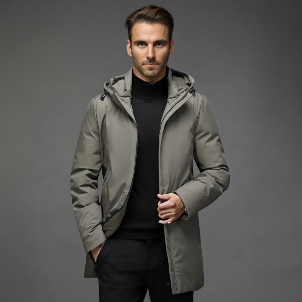 Men's navy slim-fit hooded winter jacket with concealed zip closure and tailored longline silhouette