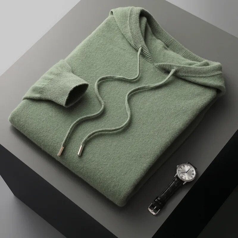 Men's gray minimalist knit pullover hoodie with structured drawstring hood and ribbed cuffs