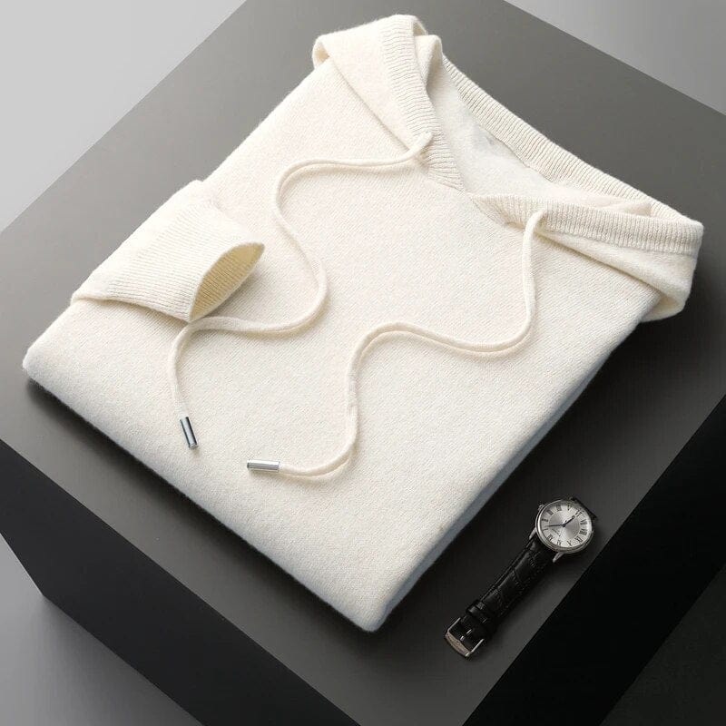 Men's gray minimalist knit pullover hoodie with structured drawstring hood and ribbed cuffs