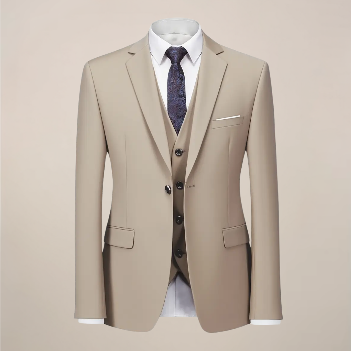 Men's khaki slim-fit three-piece suit with structured blazer, waistcoat, and tailored trousers