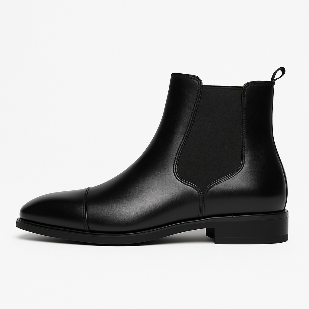 Men's black leather Chelsea boots with cap toe detail, elastic gussets, and cushioned insole