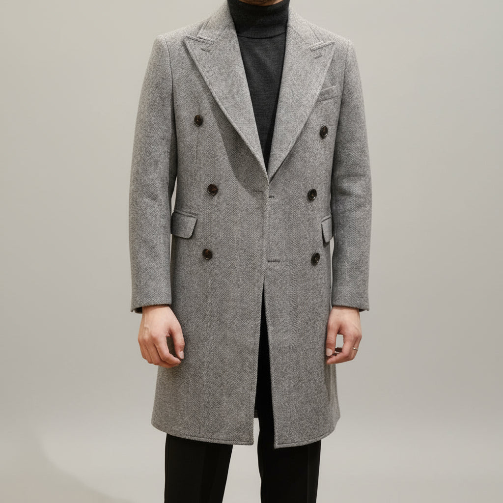 Men's light grey Italian double-breasted overcoat with peak lapels and tailored structured shoulders