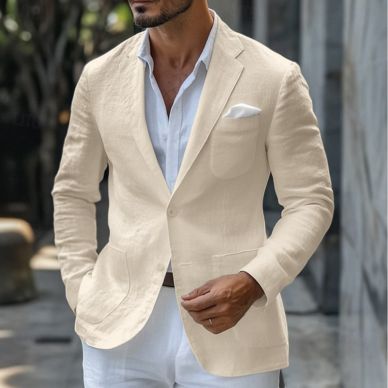 Men's light beige linen summer blazer tailored fit lightweight breathable wedding ready