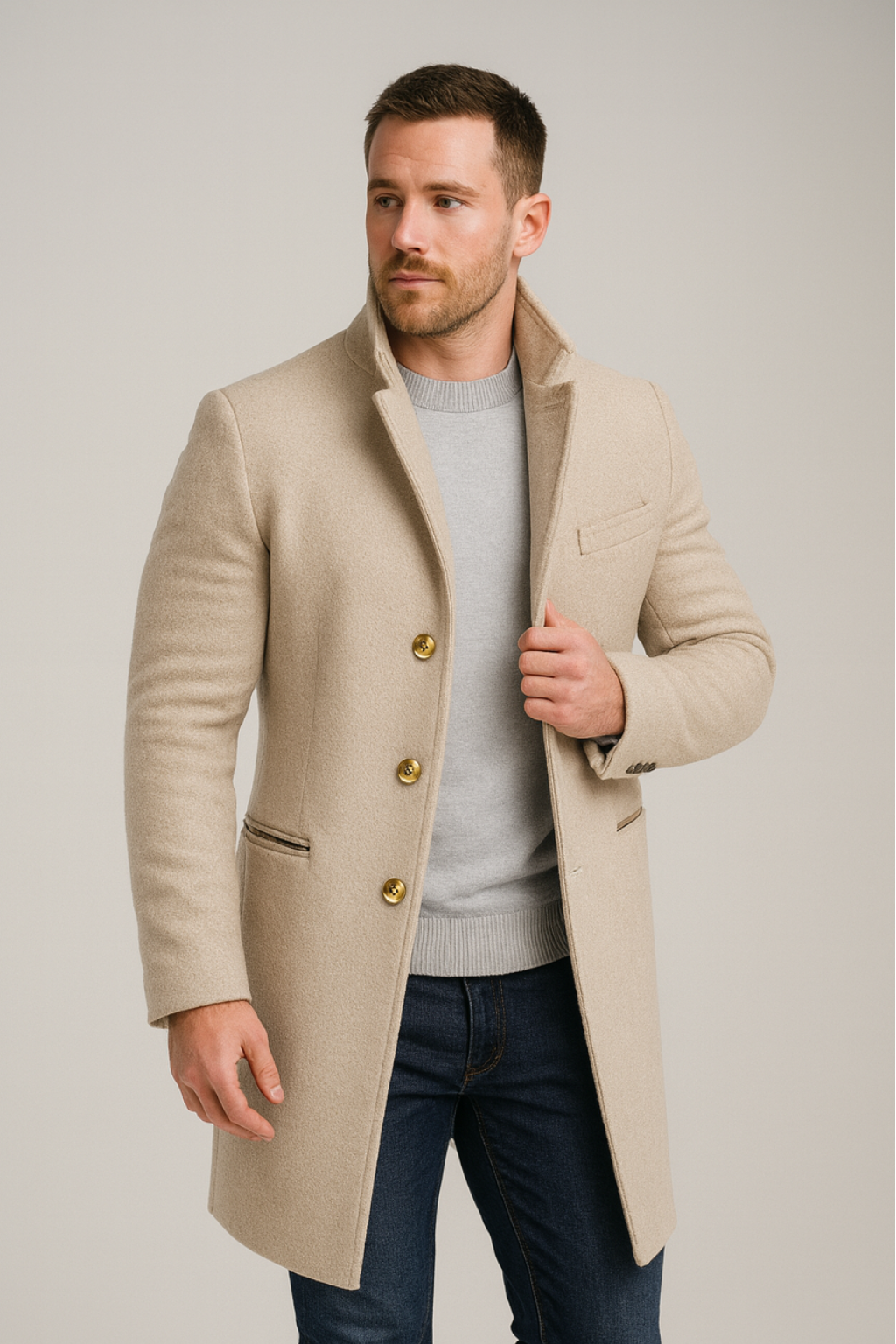 Black men's long single-breasted coat with gold button detail, notch lapels, sleek winter silhouette