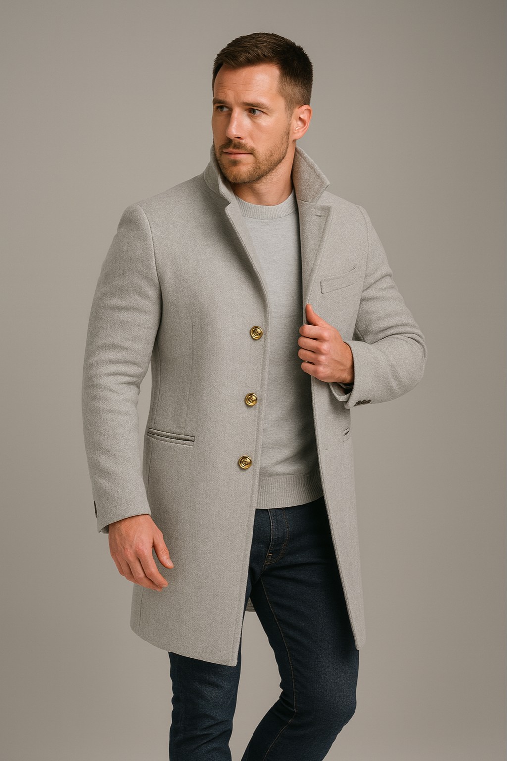 Black men's long single-breasted coat with gold button detail, notch lapel, sleek winter silhouette