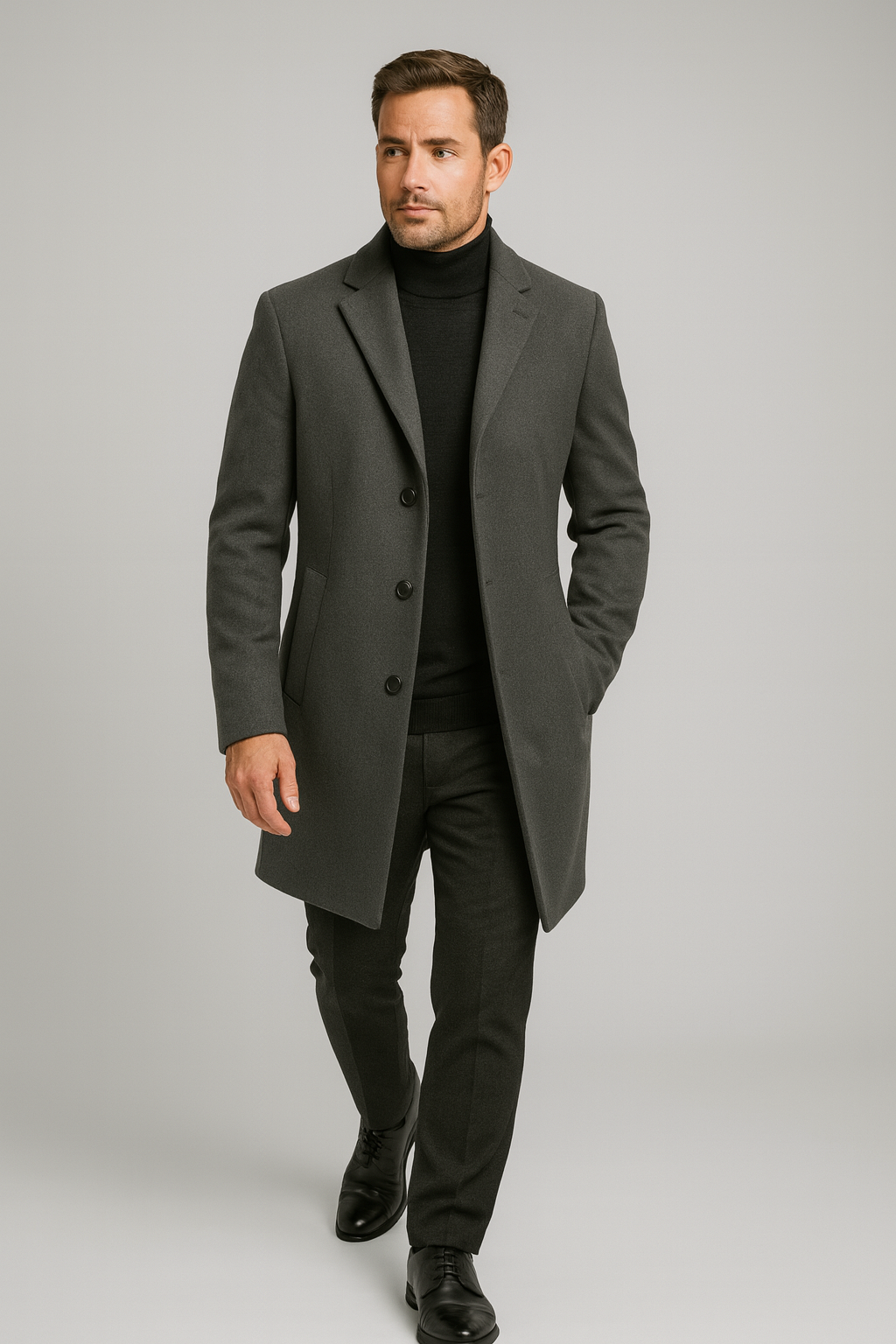 Men's long single-breasted overcoat notch lapels three-button classic polished winter tailored silhouette