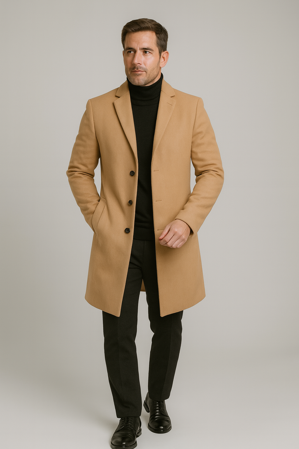 Men's long single-breasted overcoat notch lapel classic tailored fit polished winter style