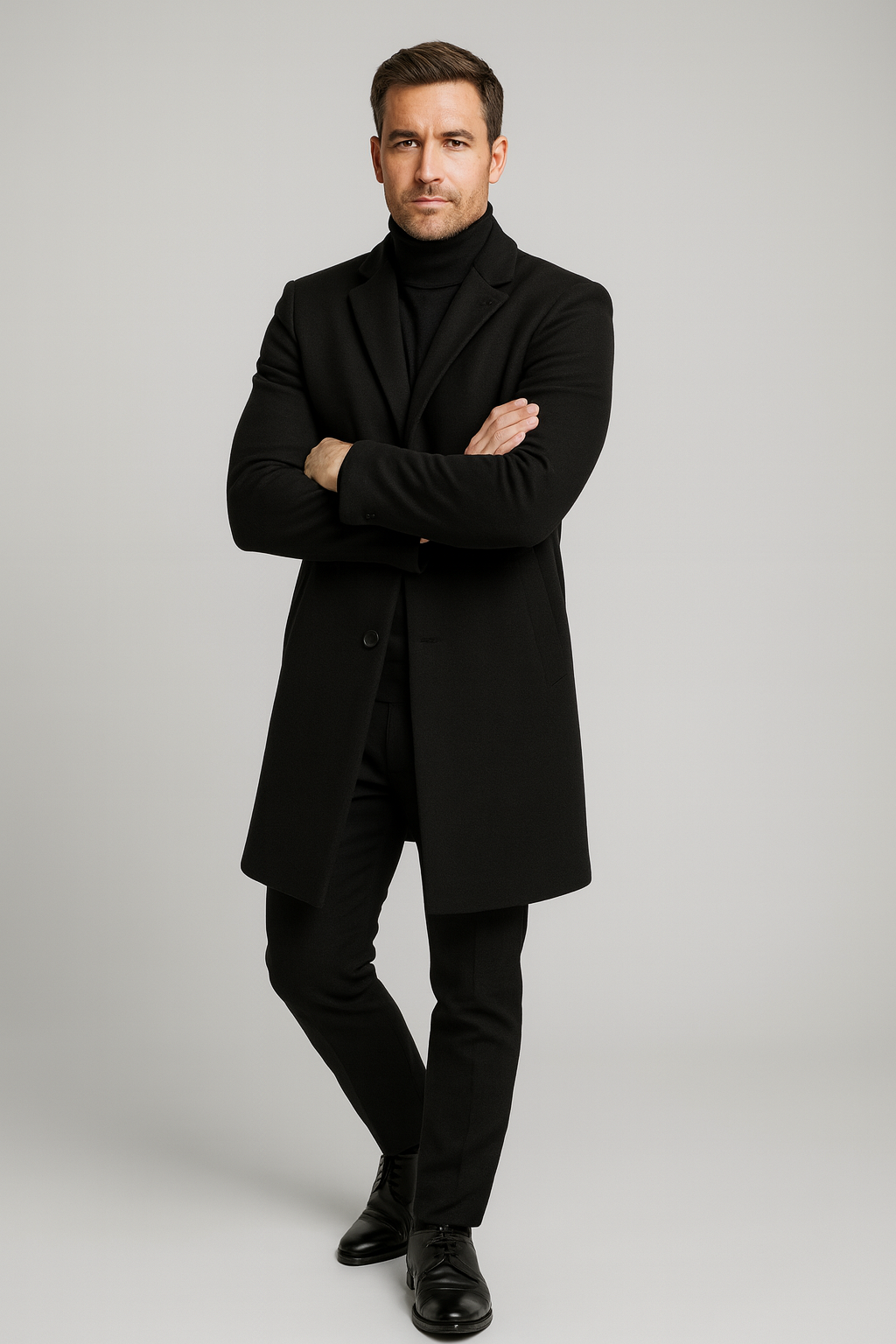 Men's long single-breasted overcoat notch lapel three-button classic winter professional coat